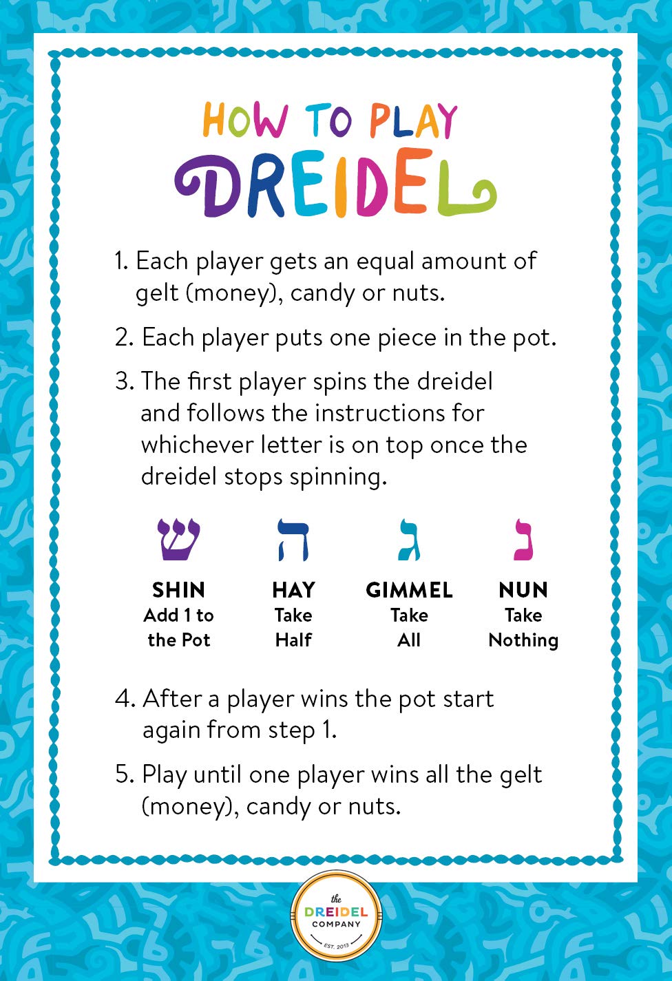 The Dreidel Company 10-Pack Hanukkah Plastic Silver & Blue Metallic Dreidels with English Translation, Spinning Tops Includes Dreidel Game Instruction Card - Image 3
