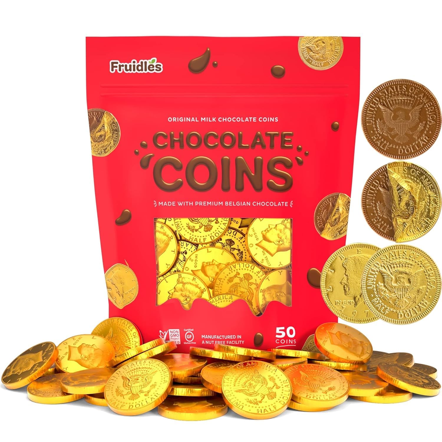 Fruidles 50-Pack Milk Chocolate Coins, Gold Half Dollar, Made with Premium Belgian Ingredients, Nut-Free, Non-GMO, Kosher Dairy - Image 4