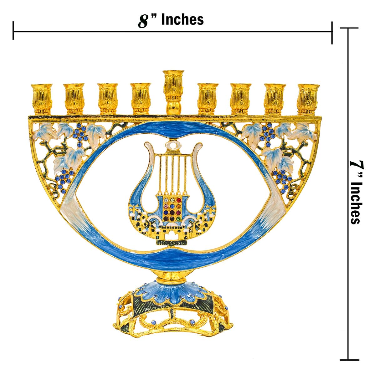 Mosaic Artistic Jeweled Menorah (Hand-Painted Jeweled Mosaic Blue & Gold - Harp)… - Image 3