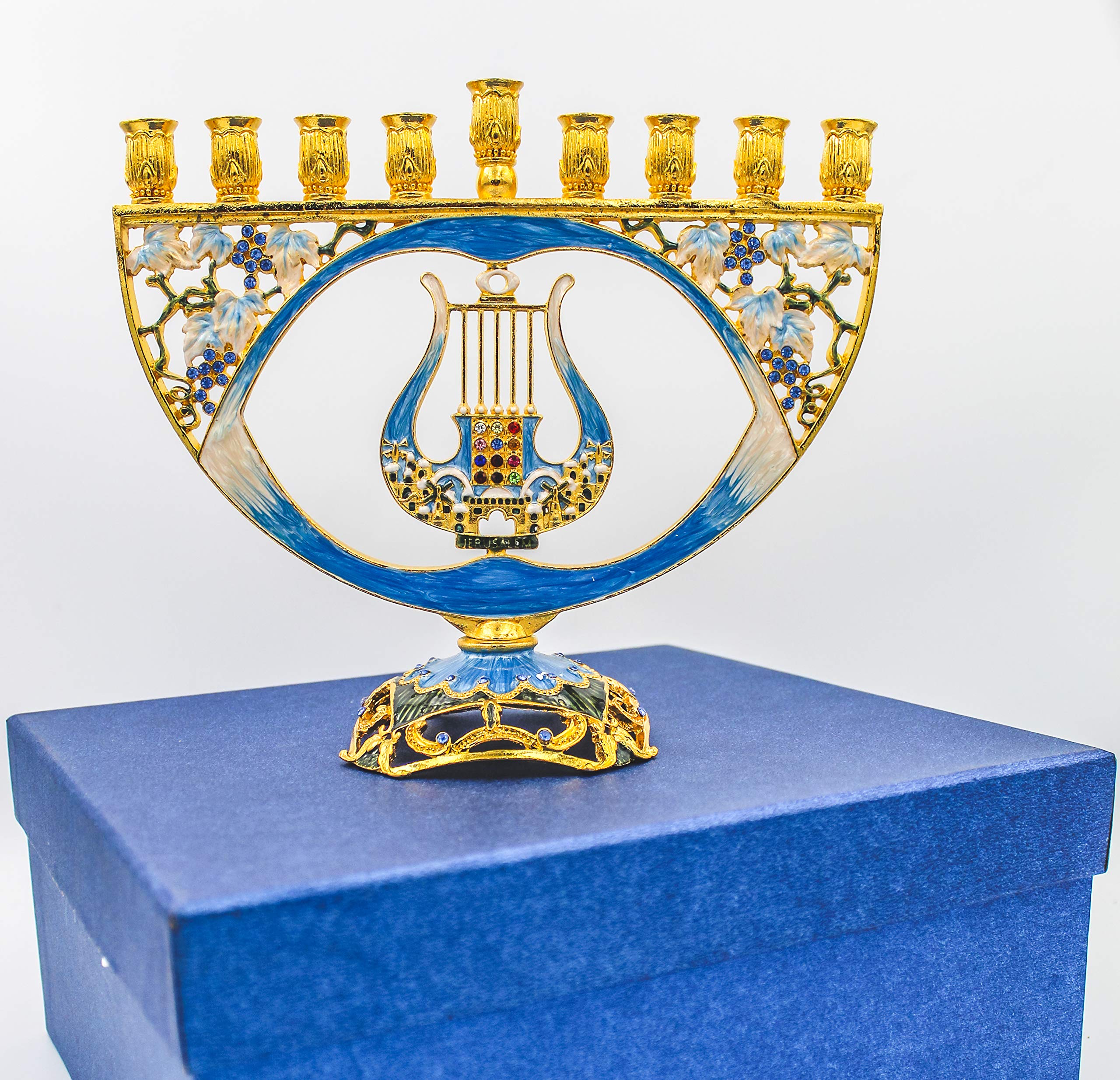 Mosaic Artistic Jeweled Menorah (Hand-Painted Jeweled Mosaic Blue & Gold - Harp)… - Image 5