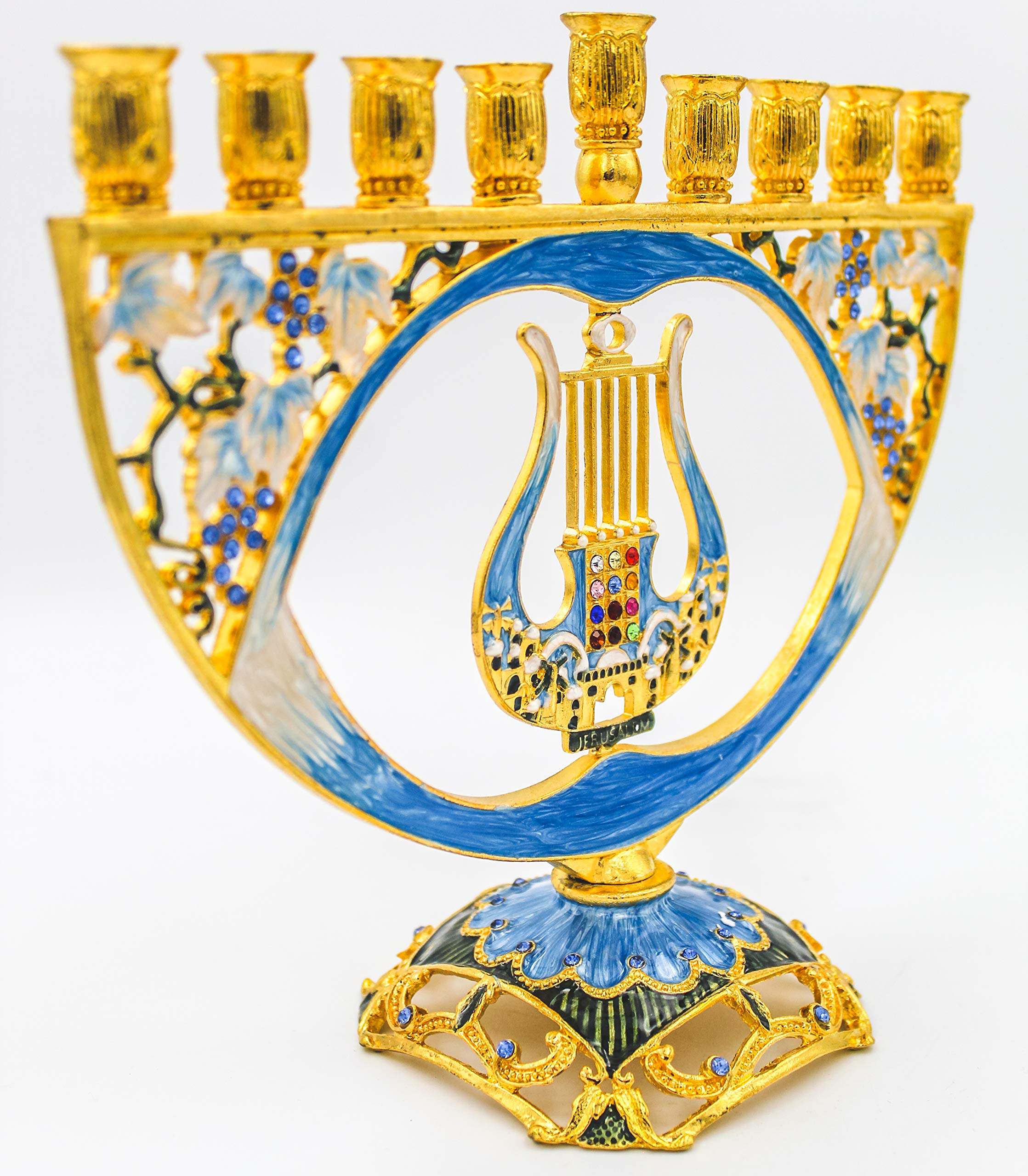 Mosaic Artistic Jeweled Menorah (Hand-Painted Jeweled Mosaic Blue & Gold - Harp)… - Image 6