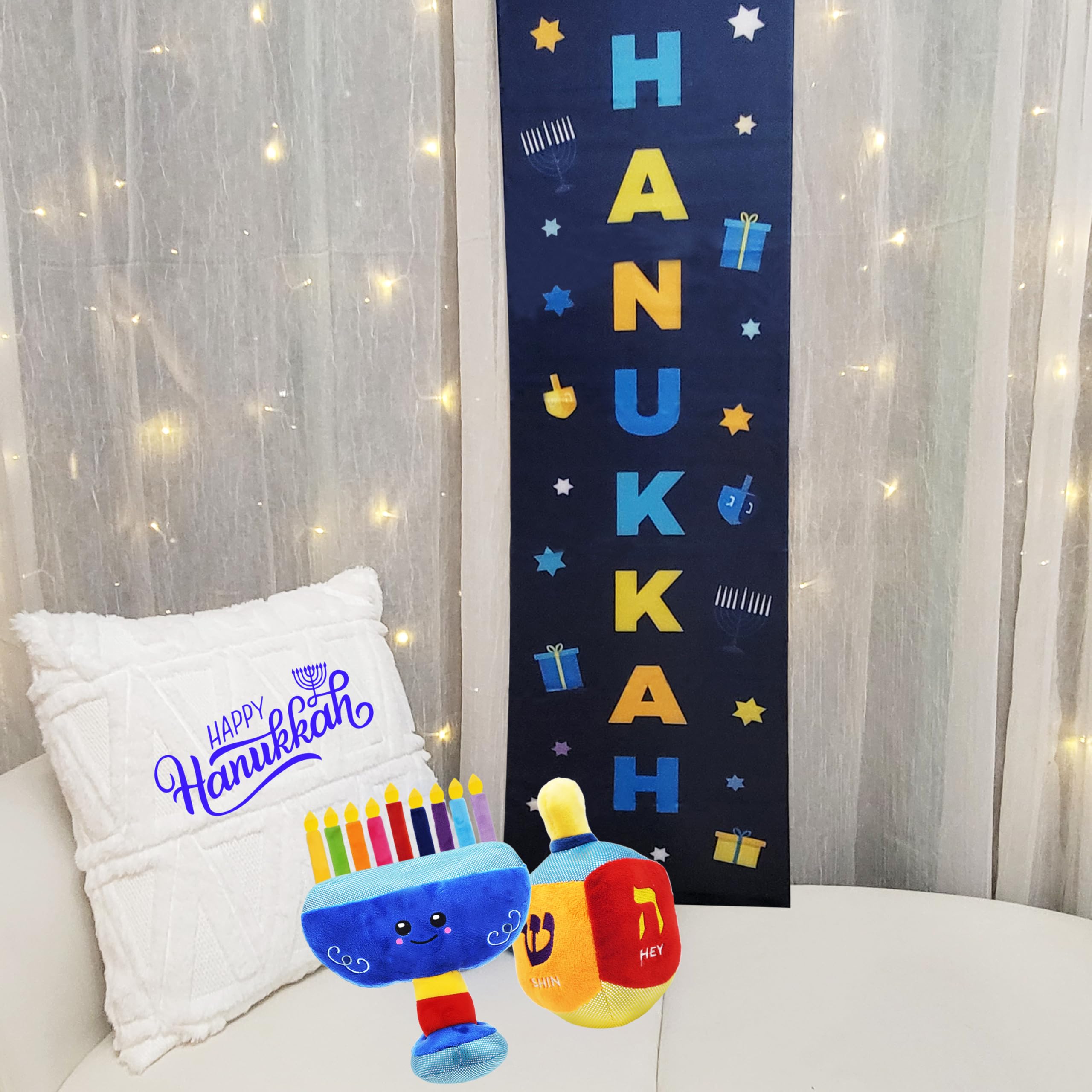 Plush Hanukkah Menorah & Plush Dreidel Toy Musical Menorah Plays 2 Classic Hanukkah Melodies Includes Removable Chanukah Candles & Candle Bag with Rattle Dreidel - Image 4