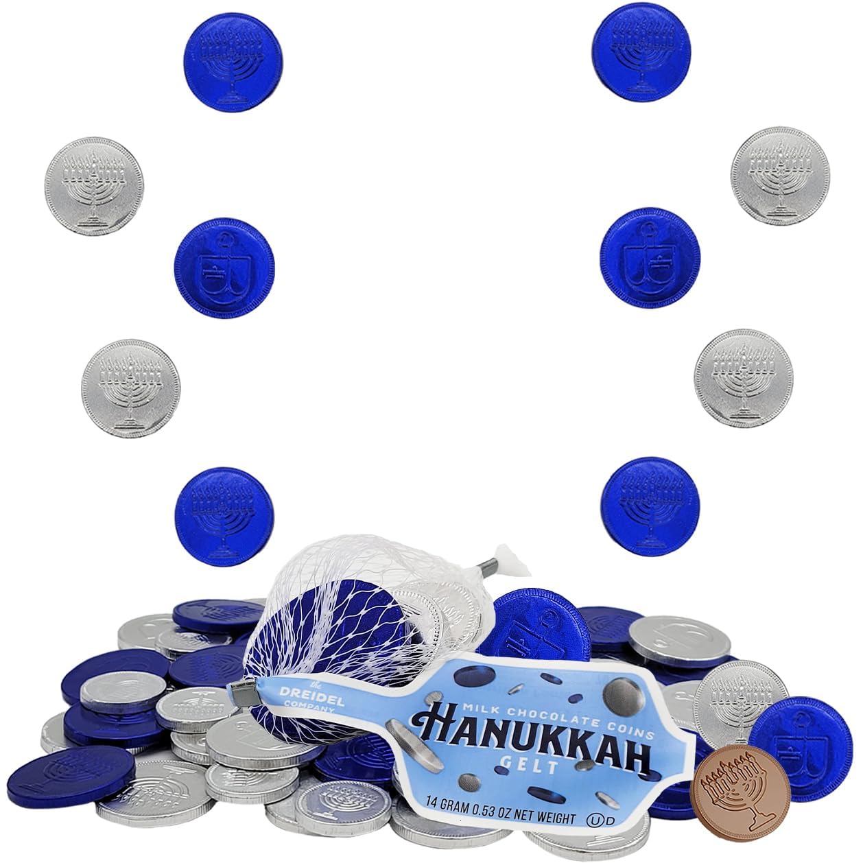 The Dreidel Company 10 Mesh Bags Original Hanukkah Chocolate Gelt Blue & Silver Coins in Mesh Bags, Made with Premium Belgian Milk Chocolate, Gluten Free, Non-GMO, Kosher Certified Dairy - Image 4