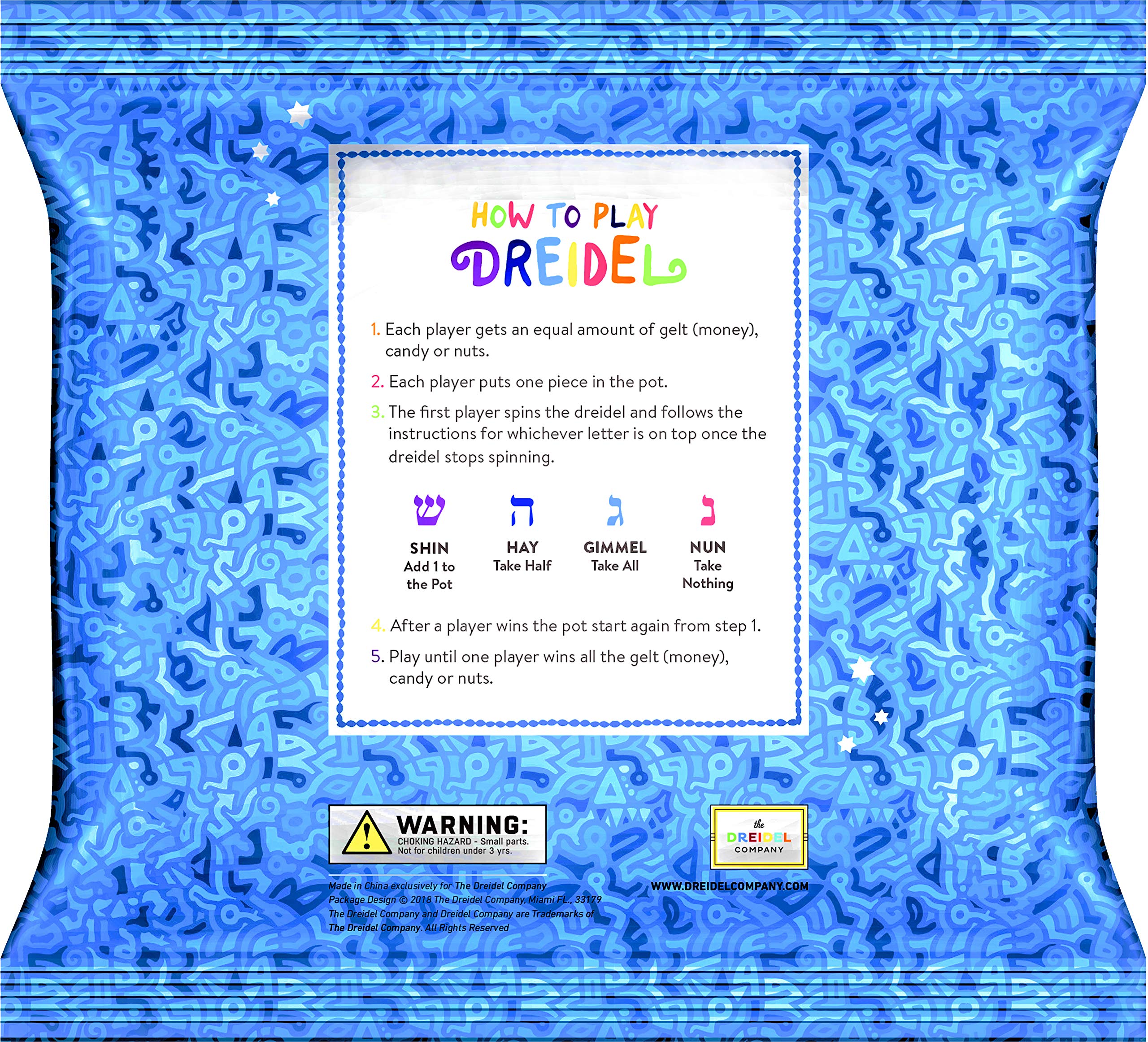 The Dreidel Company 10-Pack Hanukkah Plastic Silver & Blue Metallic Dreidels with English Translation, Spinning Tops Includes Dreidel Game Instruction Card - Image 4