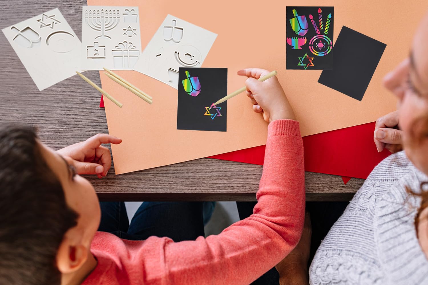 The Dreidel Company 12-Pack Hanukkah Scratch Stencil Art Kit, Rainbow Scratch Art for Kids with Stencils, Bookmarks & Holiday Themed Shapes, Magic Drawing Coloring Sheet Set School Decor (12-Pack) - Image 5