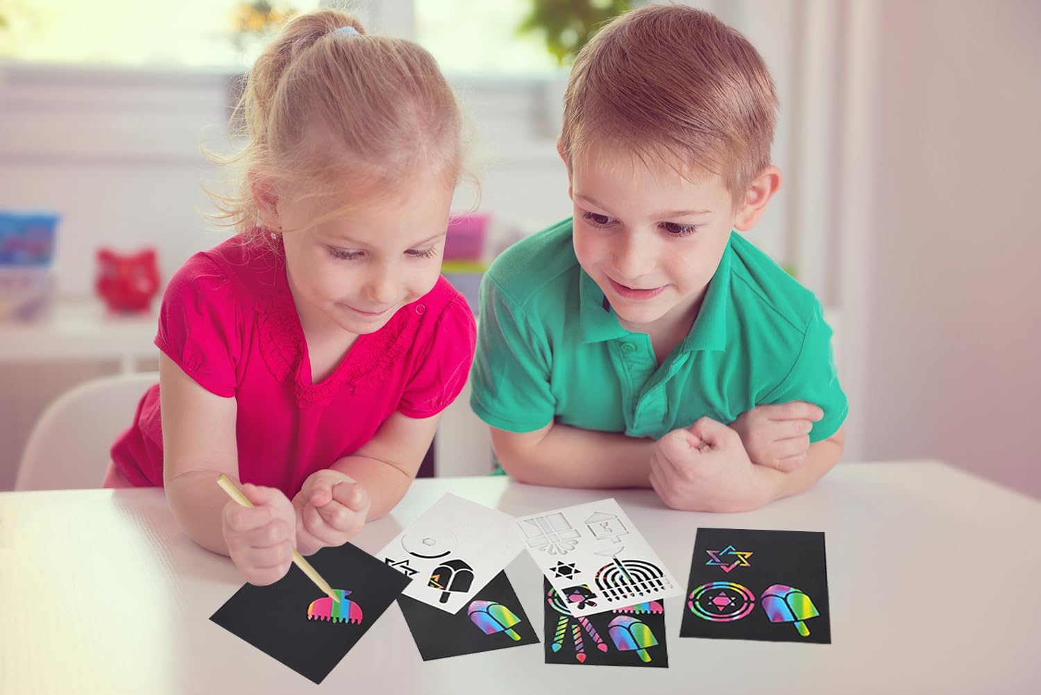 The Dreidel Company 12-Pack Hanukkah Scratch Stencil Art Kit, Rainbow Scratch Art for Kids with Stencils, Bookmarks & Holiday Themed Shapes, Magic Drawing Coloring Sheet Set School Decor (12-Pack) - Image 6