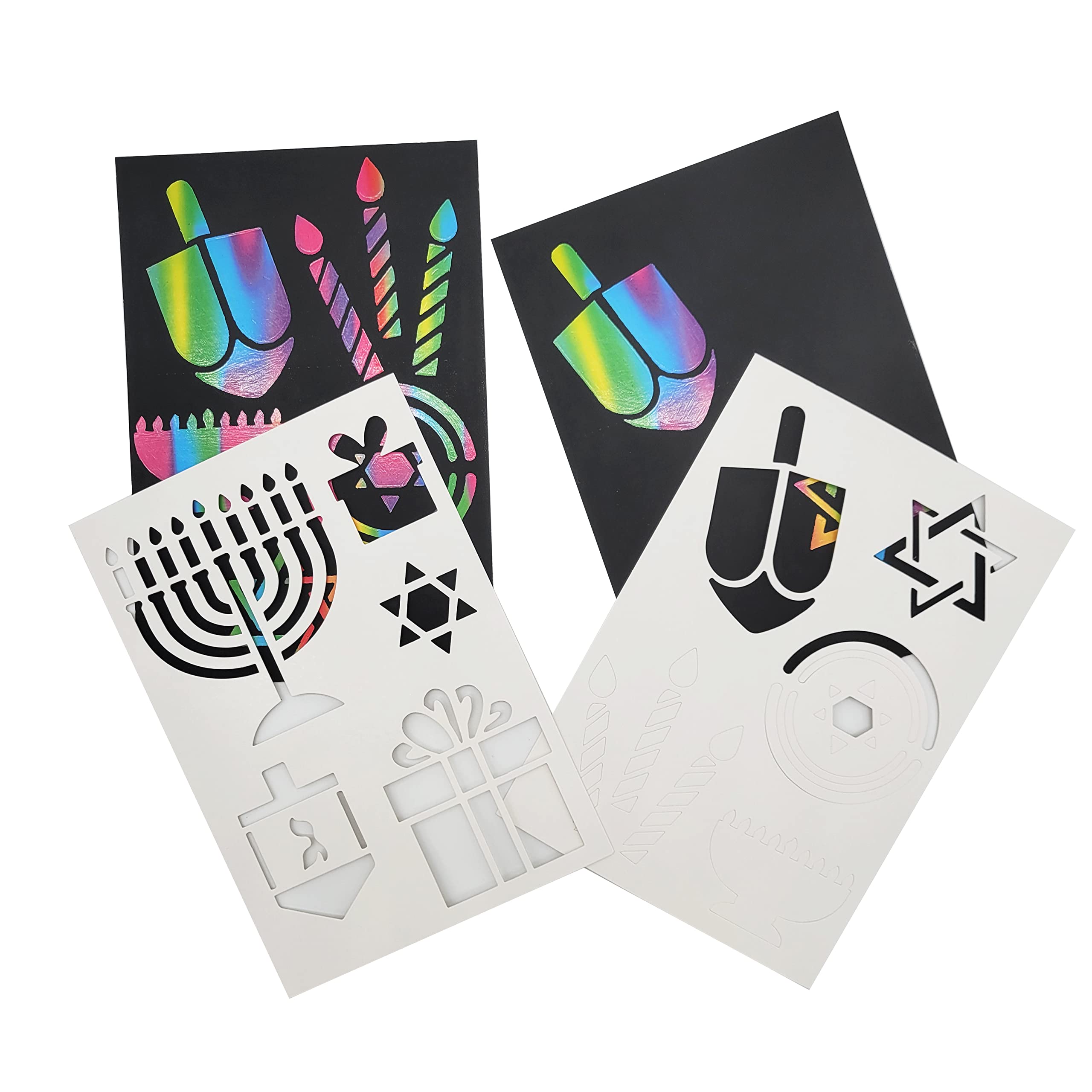 The Dreidel Company 12-Pack Hanukkah Scratch Stencil Art Kit, Rainbow Scratch Art for Kids with Stencils, Bookmarks & Holiday Themed Shapes, Magic Drawing Coloring Sheet Set School Decor (12-Pack) - Image 7