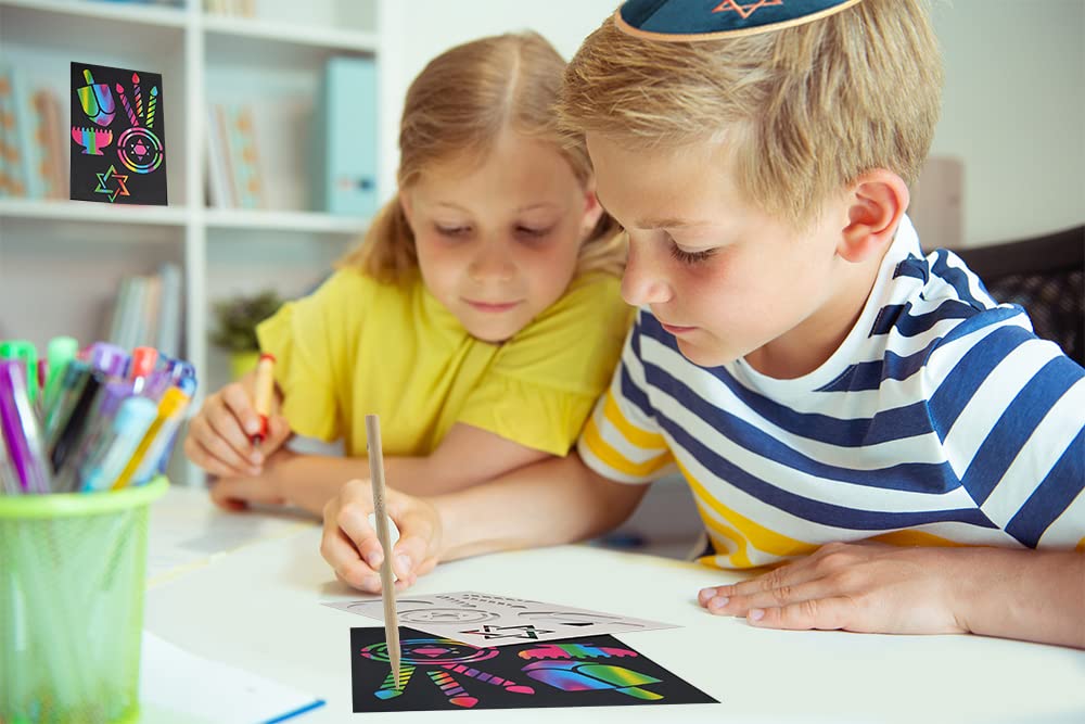 The Dreidel Company 12-Pack Hanukkah Scratch Stencil Art Kit, Rainbow Scratch Art for Kids with Stencils, Bookmarks & Holiday Themed Shapes, Magic Drawing Coloring Sheet Set School Decor (12-Pack) - Image 8