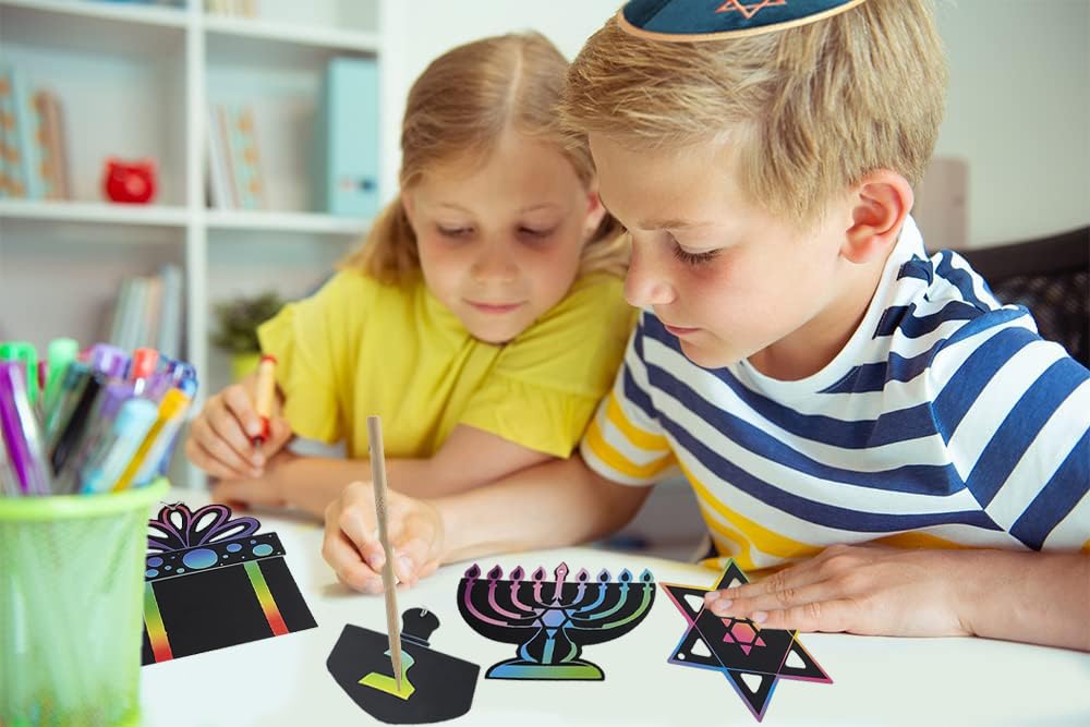 The Dreidel Company 48-Pack Hanukkah Scratch Art Cards Assorted Designs, Magic Drawing Coloring Sheet Set for Kids Gifts Home Activities School Decor - Image 4
