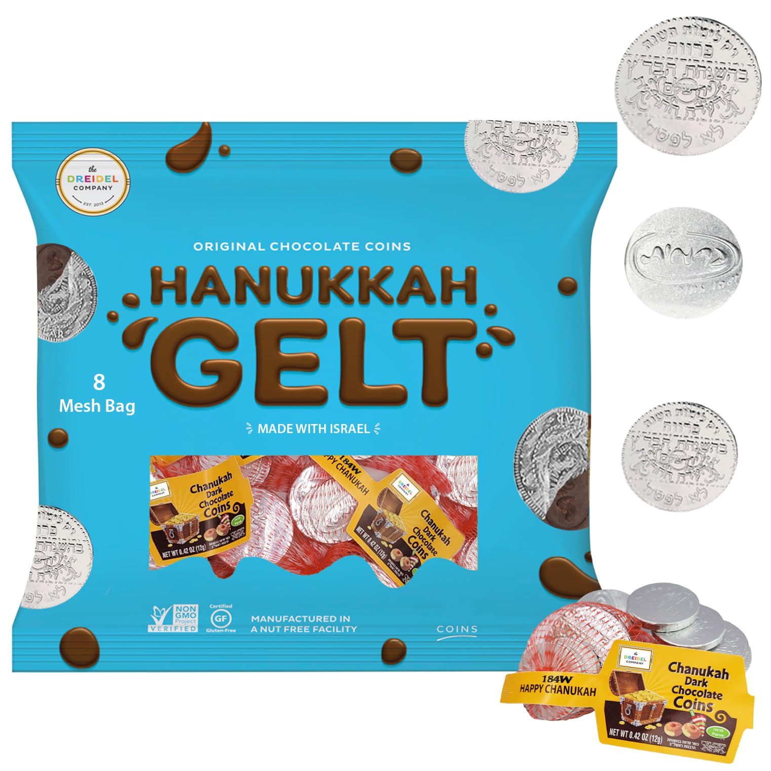 The Dreidel Company 6-Pack Mesh Bags Chocolate Coins, Dairy Free, Dark Chocolate, Made in Israel, Kosher Parve Certified - Image 3
