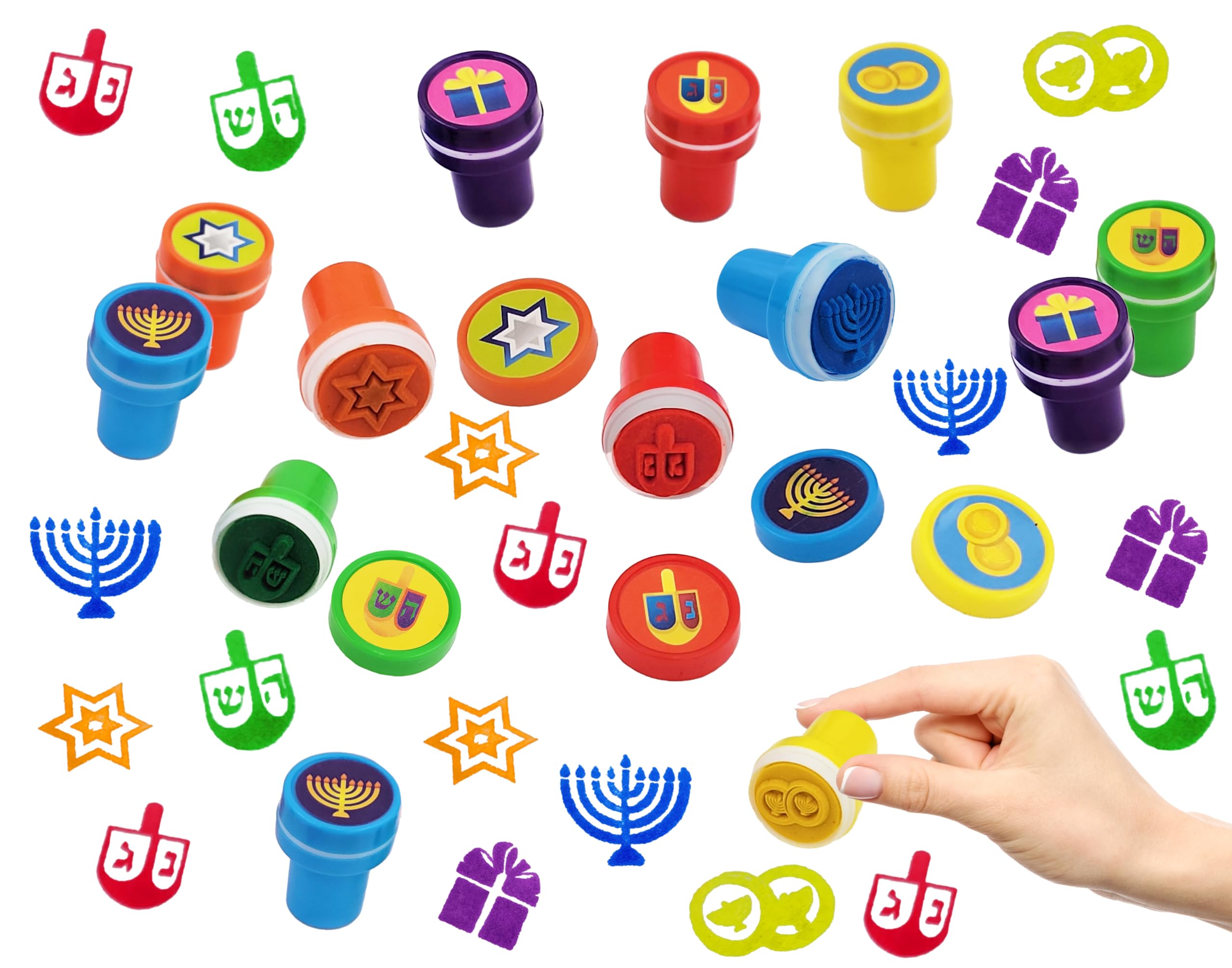 The Dreidel Company Box of Twelve Multicolored Hanukkah Stampers, Each Stamp Includes A Fun Chanukkah Icon Including Menorah, Dreidels and Coins, 12-Pack Box - Image 3