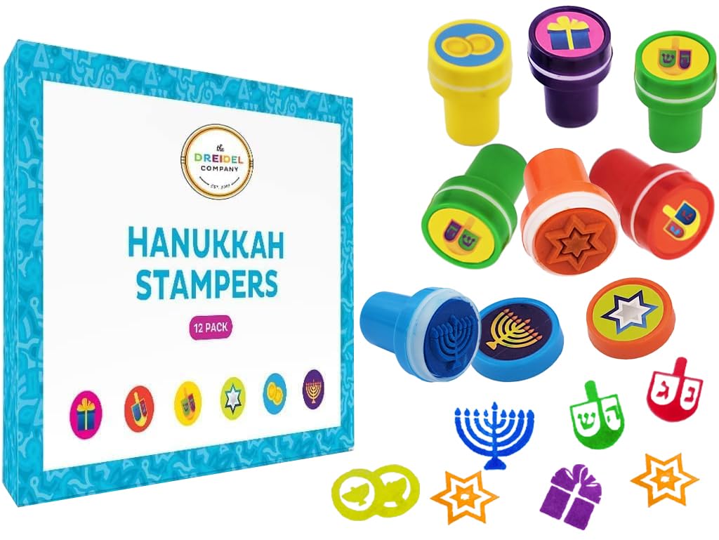 The Dreidel Company Box of Twelve Multicolored Hanukkah Stampers, Each Stamp Includes A Fun Chanukkah Icon Including Menorah, Dreidels and Coins, 12-Pack Box - Image 4