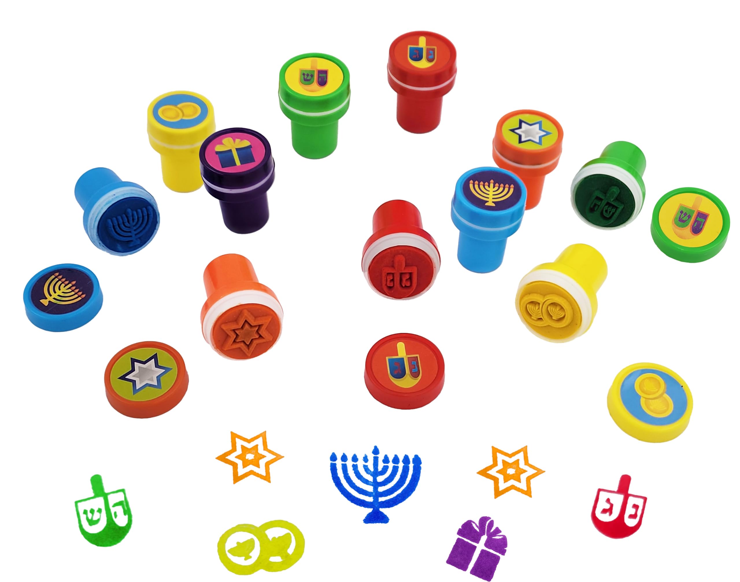 The Dreidel Company Box of Twelve Multicolored Hanukkah Stampers, Each Stamp Includes A Fun Chanukkah Icon Including Menorah, Dreidels and Coins, 12-Pack Box - Image 6