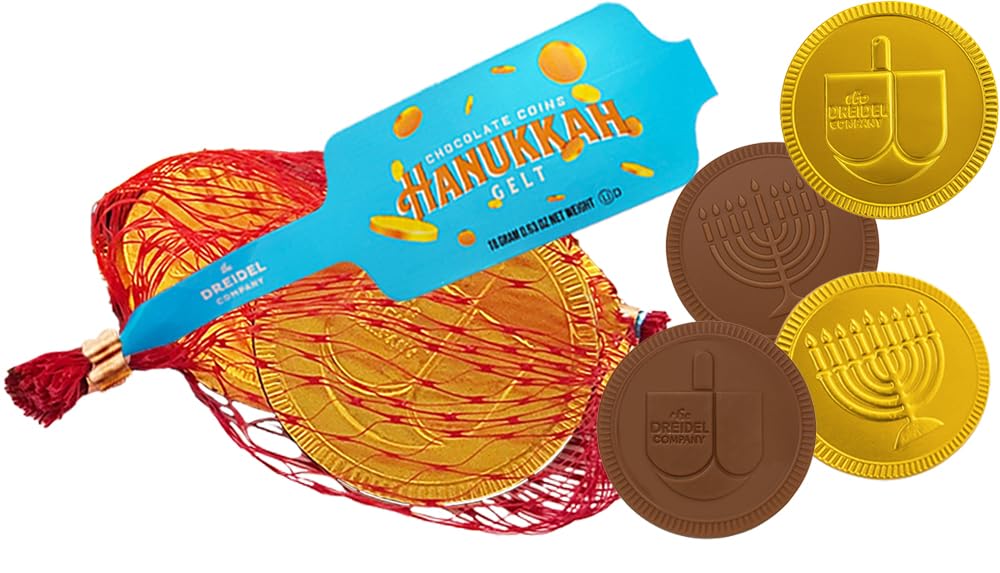 The Dreidel Company Chocolate Gelt Coins, 40-Mesh Bags - Made Milk Chocolate, Kosher Ou- Dairy, Non Gmo, Chanukah Gelt, (40 Mesh Bags) Hanukkah Coins with Menorah and Dreidel Designs - Image 3