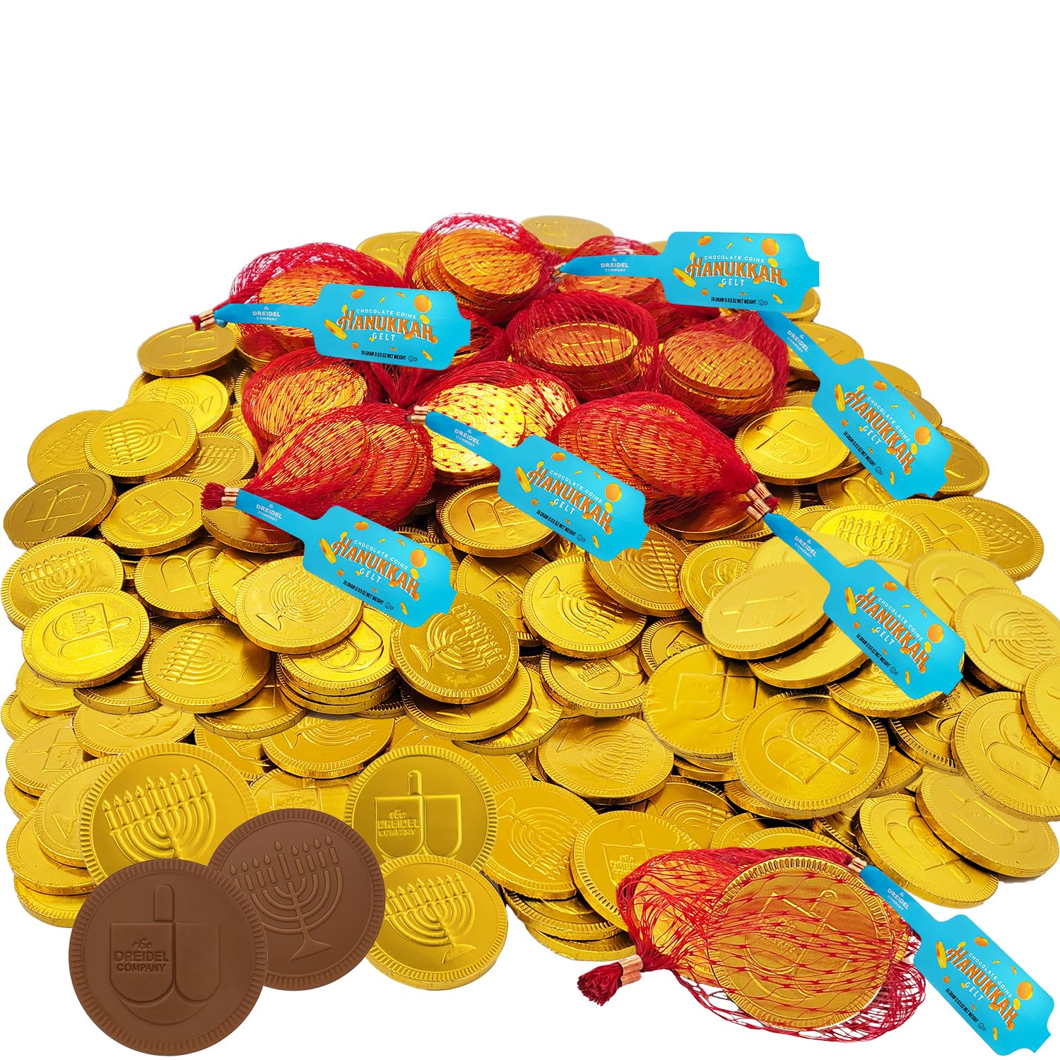 The Dreidel Company Chocolate Gelt Coins, 40-Mesh Bags - Made Milk Chocolate, Kosher Ou- Dairy, Non Gmo, Chanukah Gelt, (40 Mesh Bags) Hanukkah Coins with Menorah and Dreidel Designs - Image 5