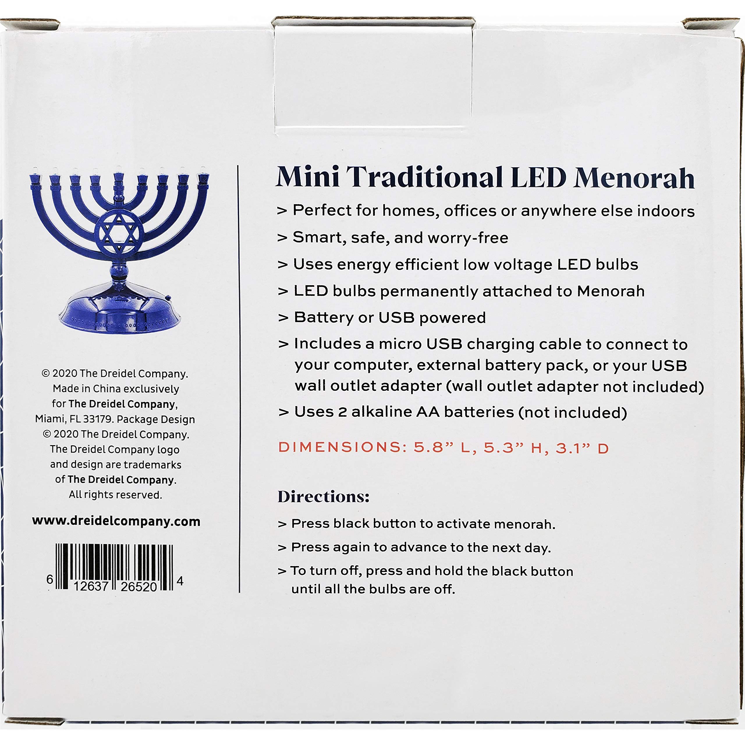 The Dreidel Company Gold Electric Menorah Travel On The Go, 6" Inch LED Hanukkah Menorah, Batteries or USB Powered, Micro USB 4' Cable Included - Image 3