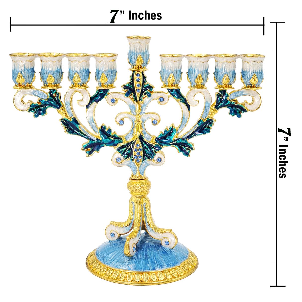 The Dreidel Company Hand-Painted Enamel Metal Menorah with Blue, White, Gold and Green Jeweled Accents, 6" Inches - Image 3
