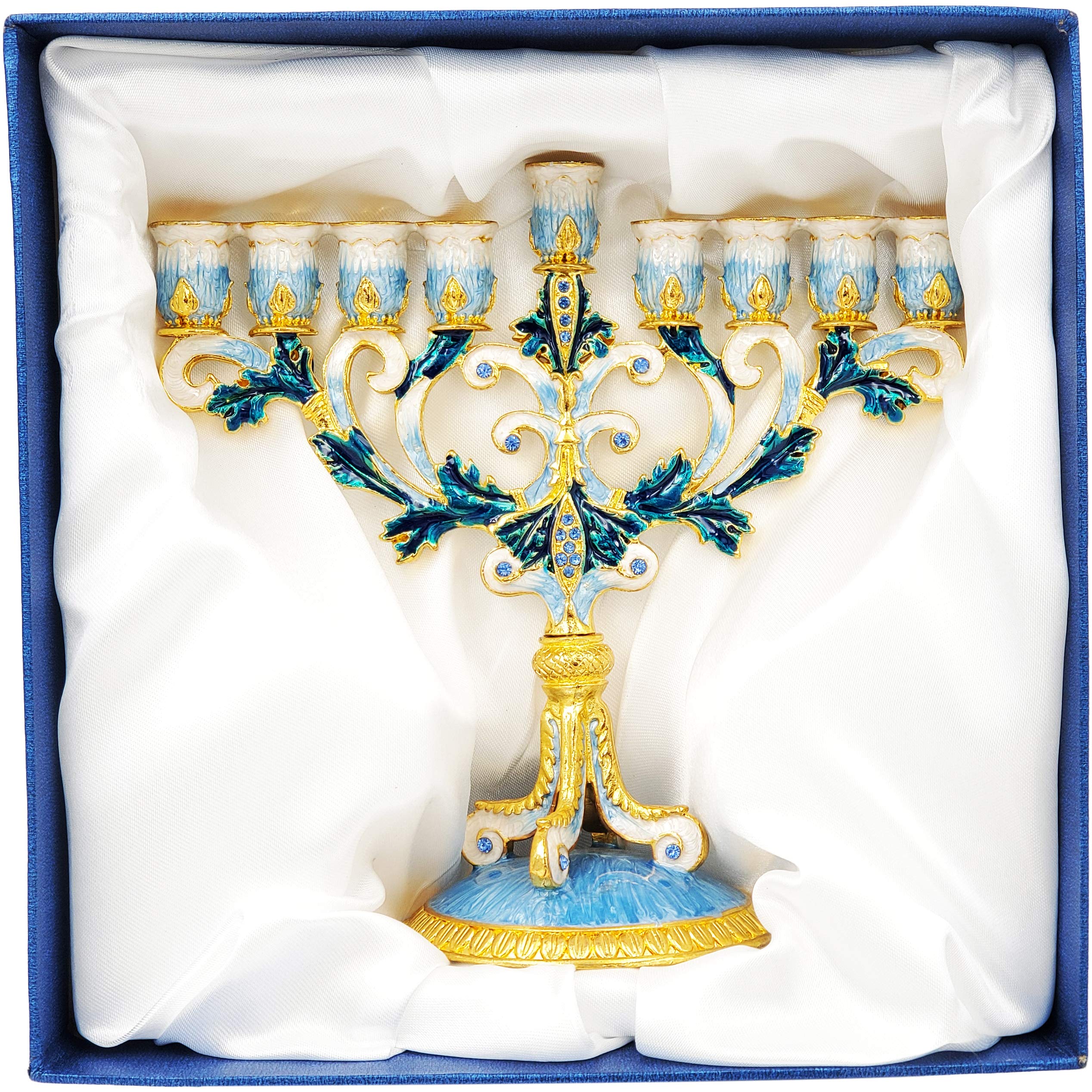 The Dreidel Company Hand-Painted Enamel Metal Menorah with Blue, White, Gold and Green Jeweled Accents, 6" Inches - Image 5
