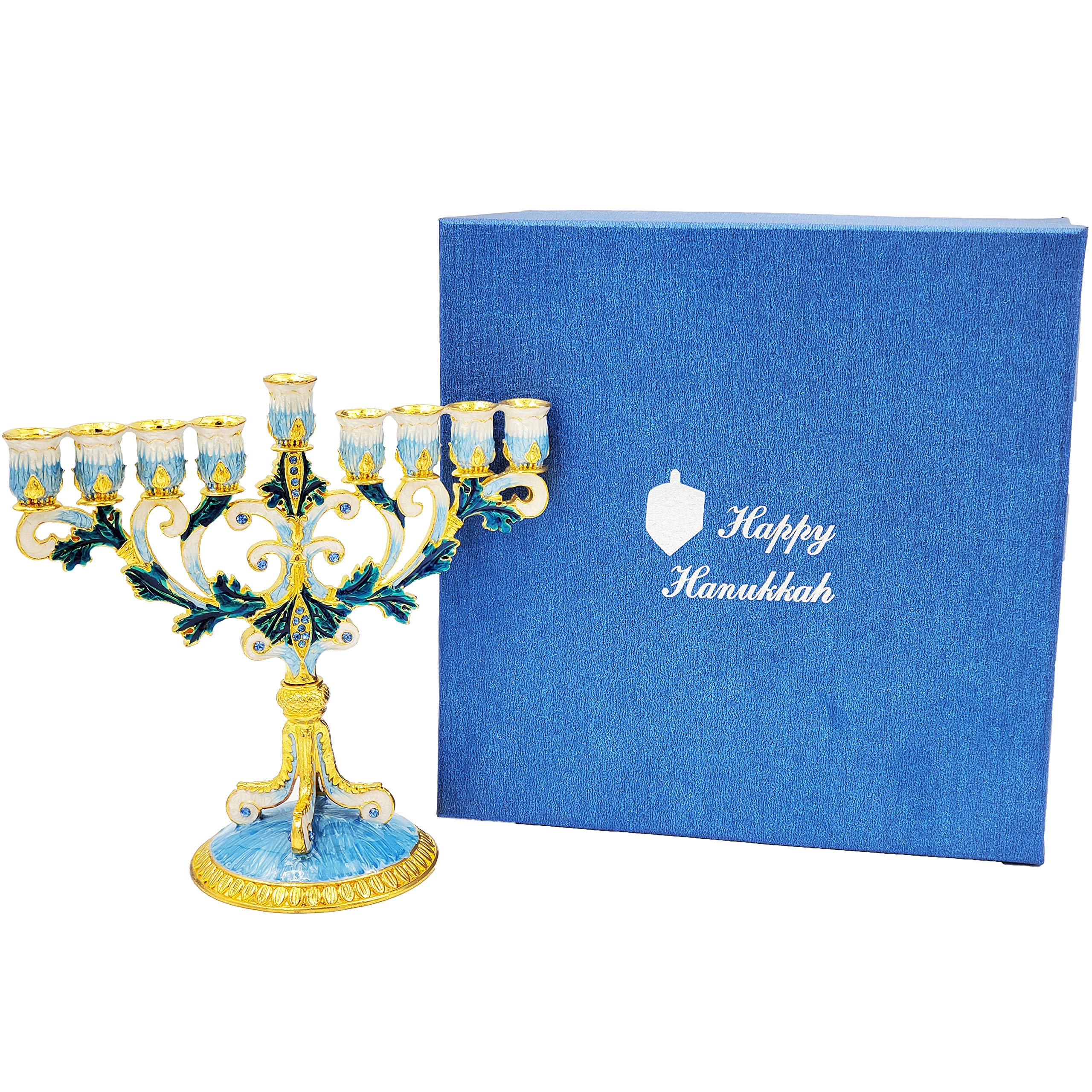 The Dreidel Company Hand-Painted Enamel Metal Menorah with Blue, White, Gold and Green Jeweled Accents, 6" Inches - Image 6