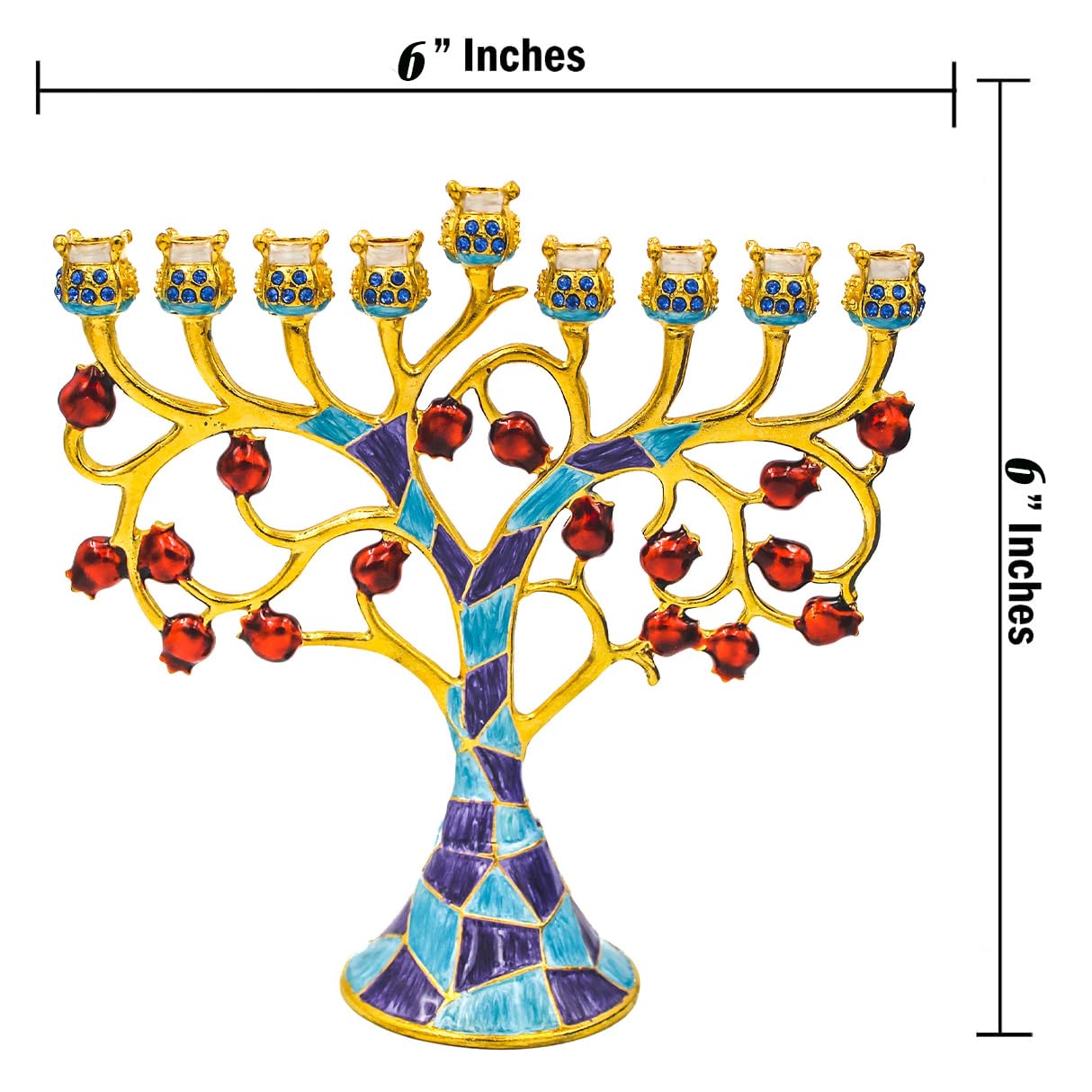 The Dreidel Company Hand Painted Pomegranate Menorah Menorah Jeweled and Gold Plated Tree with Red Flowers Mosaic Jeweled & Gold Plated Tree with Red Pomegranate - Image 3