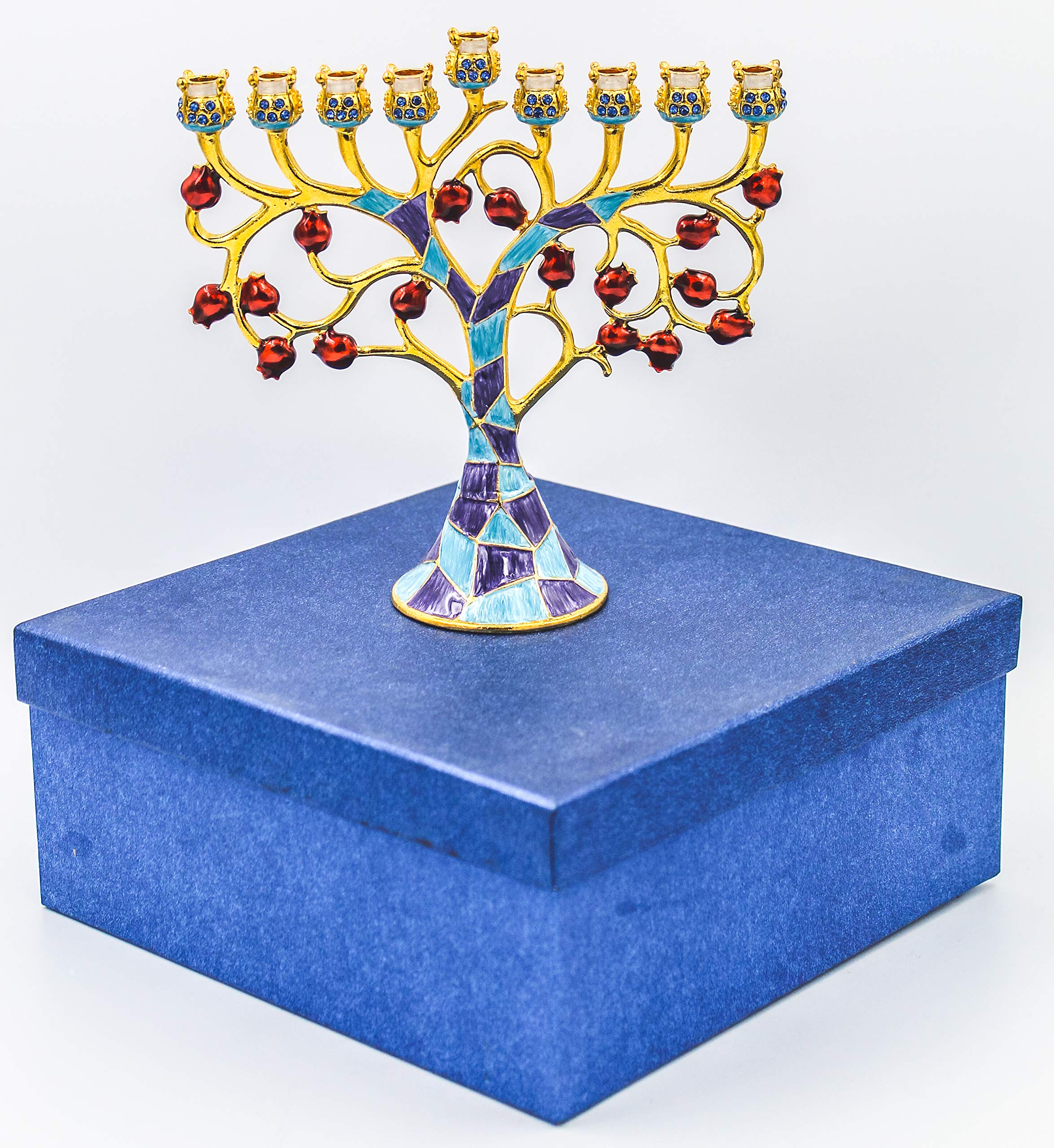 The Dreidel Company Hand Painted Pomegranate Menorah Menorah Jeweled and Gold Plated Tree with Red Flowers Mosaic Jeweled & Gold Plated Tree with Red Pomegranate - Image 4
