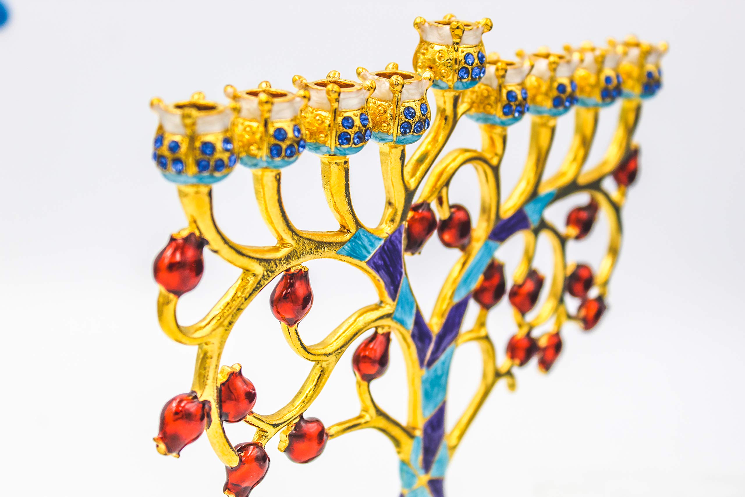 The Dreidel Company Hand Painted Pomegranate Menorah Menorah Jeweled and Gold Plated Tree with Red Flowers Mosaic Jeweled & Gold Plated Tree with Red Pomegranate - Image 5