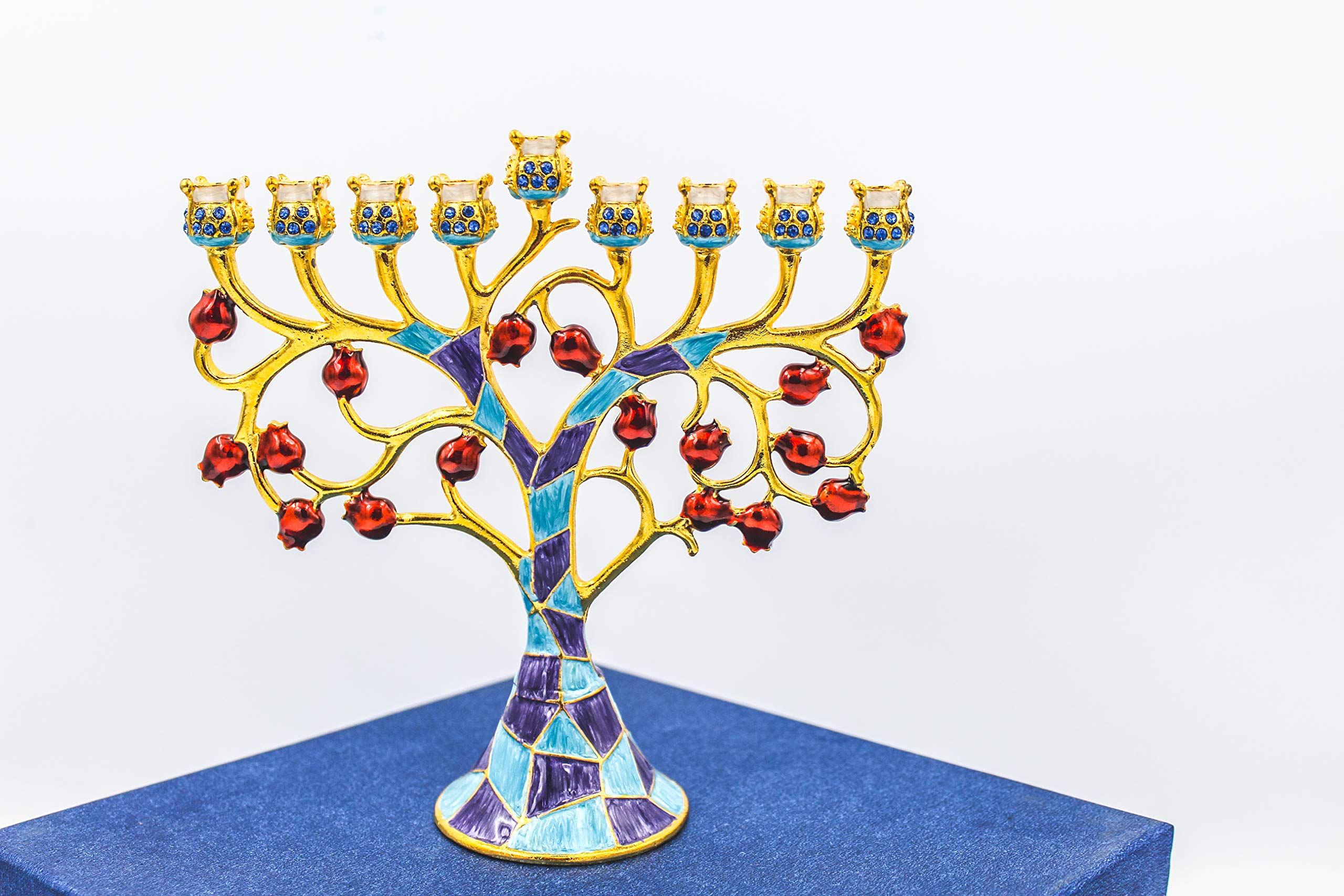 The Dreidel Company Hand Painted Pomegranate Menorah Menorah Jeweled and Gold Plated Tree with Red Flowers Mosaic Jeweled & Gold Plated Tree with Red Pomegranate - Image 6