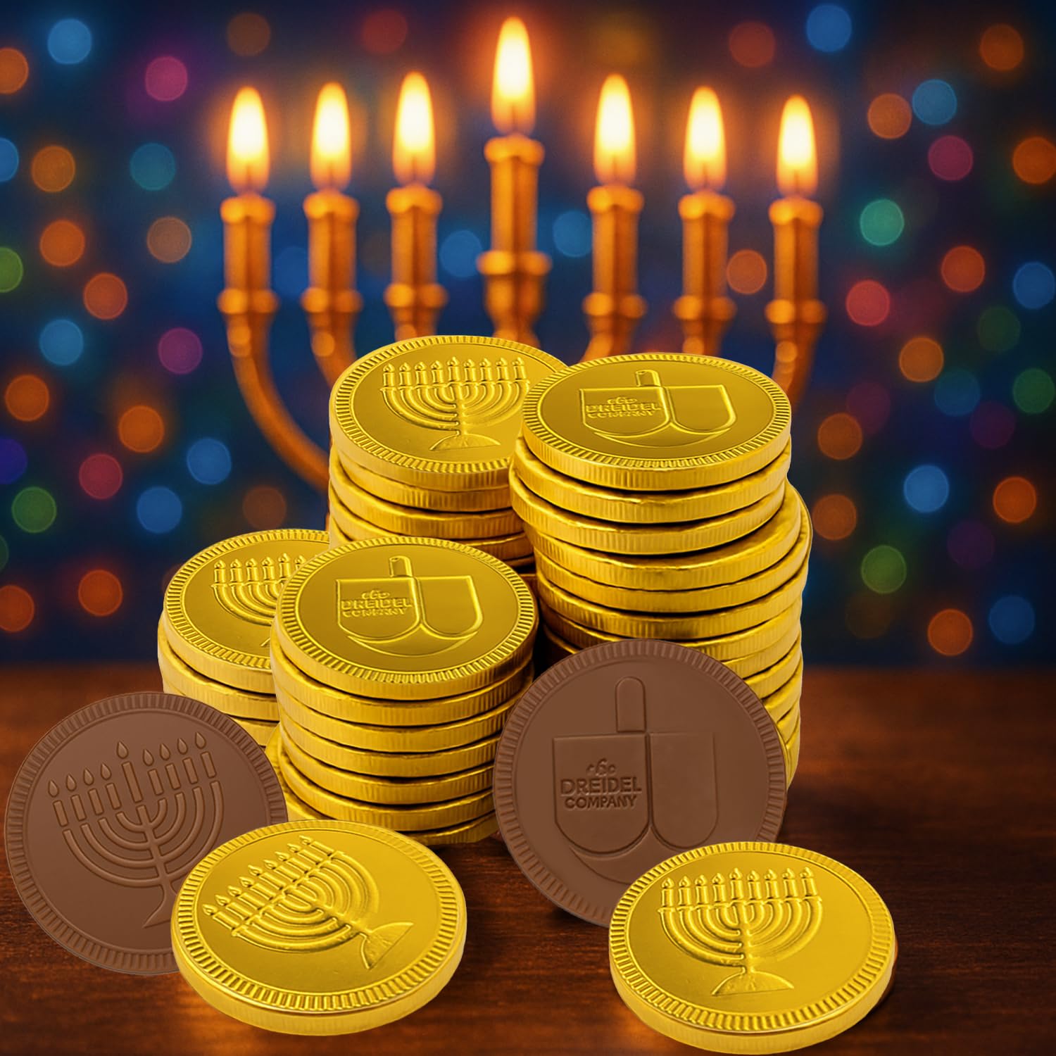 The Dreidel Company Chocolate Gelt Coins, 40-Mesh Bags - Made Milk Chocolate, Kosher Ou- Dairy, Non Gmo, Chanukah Gelt, (40 Mesh Bags) Hanukkah Coins with Menorah and Dreidel Designs - Image 4