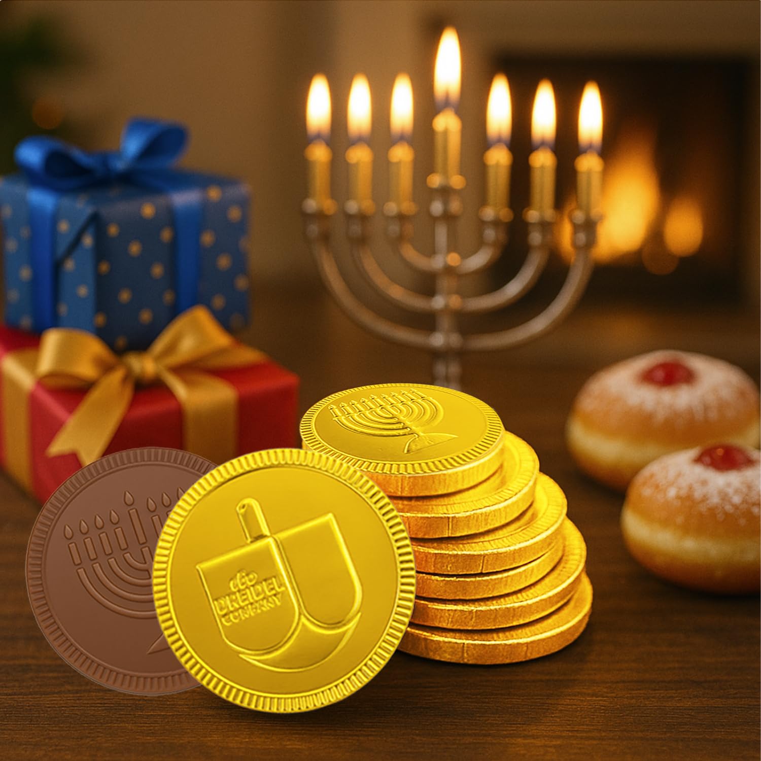 The Dreidel Company Chocolate Gelt Coins, 40-Mesh Bags - Made Milk Chocolate, Kosher Ou- Dairy, Non Gmo, Chanukah Gelt, (40 Mesh Bags) Hanukkah Coins with Menorah and Dreidel Designs - Image 6