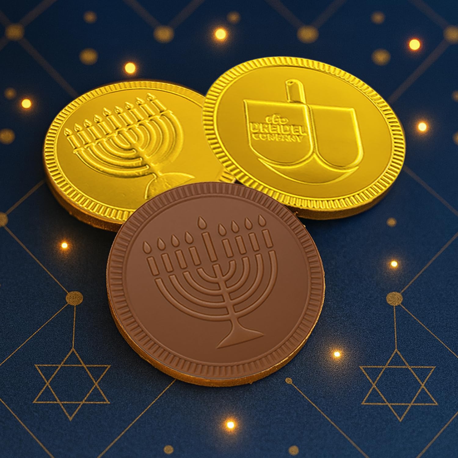 The Dreidel Company Chocolate Gelt Coins, 40-Mesh Bags - Made Milk Chocolate, Kosher Ou- Dairy, Non Gmo, Chanukah Gelt, (40 Mesh Bags) Hanukkah Coins with Menorah and Dreidel Designs - Image 7