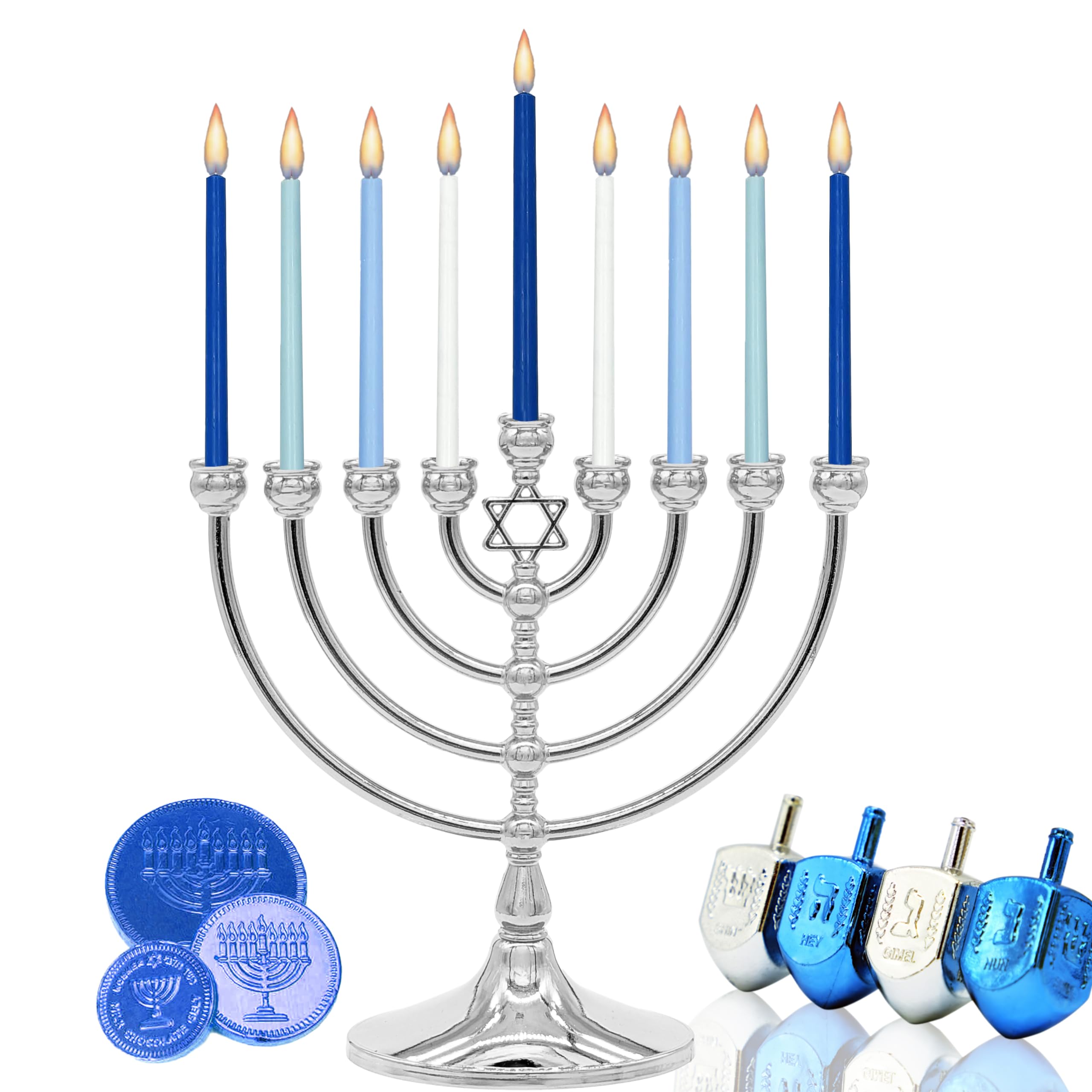 The Dreidel Company Hanukkah Menorah with Traditional Star Polished Aluminum Finish, Full Size 7 Inches Tall - Image 3