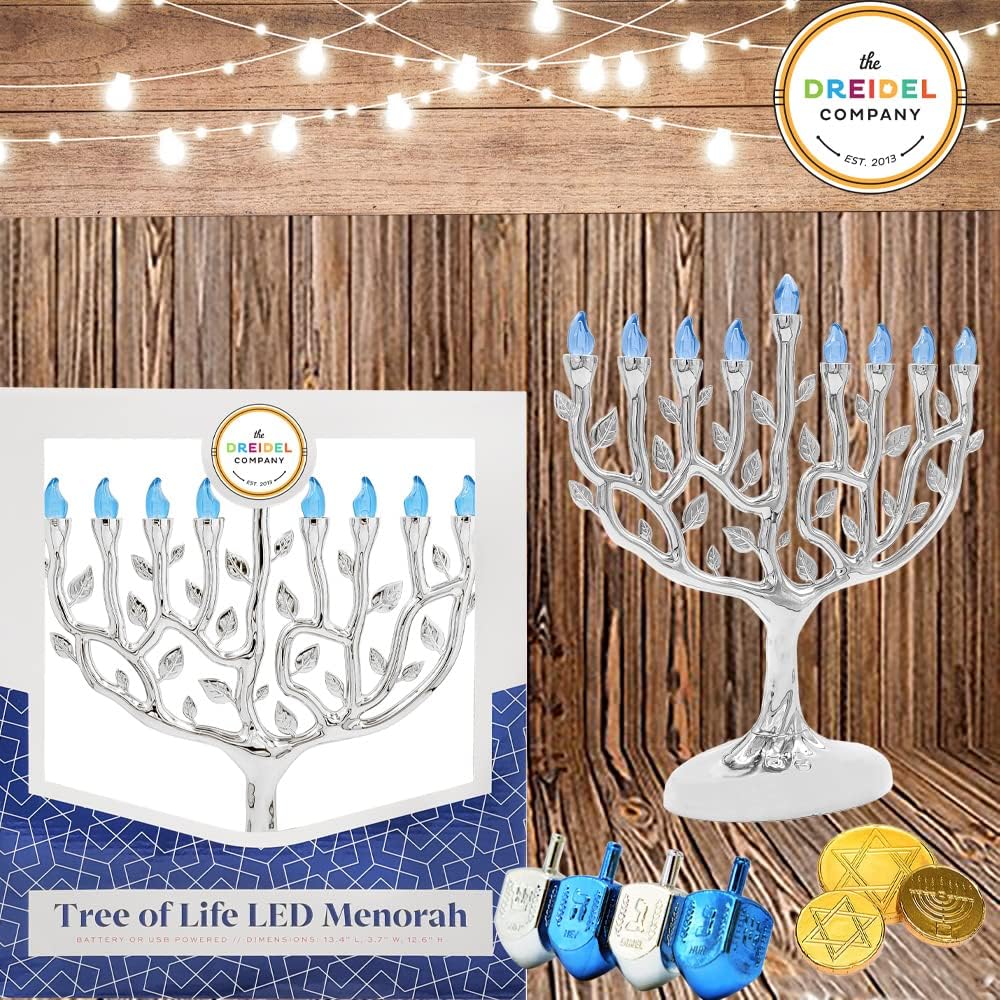 The Dreidel Company Large 12 Inch High LED Electric Silver Hanukkah Tree of Life Menorah - Includes a Micro USB 4' Charging Cable or Uses 3 AA Batteries (not Included) - Image 3