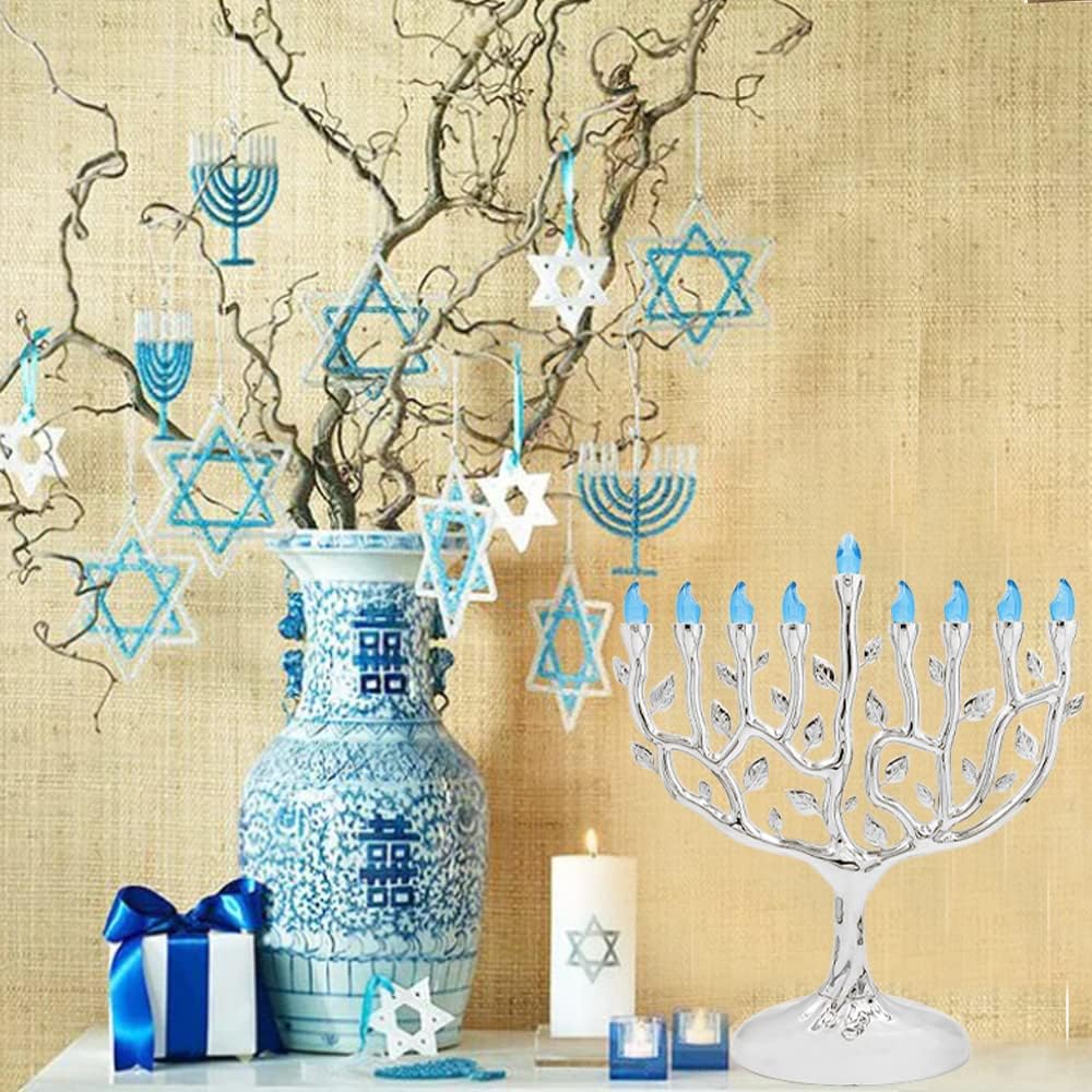 The Dreidel Company Large 12 Inch High LED Electric Silver Hanukkah Tree of Life Menorah - Includes a Micro USB 4' Charging Cable or Uses 3 AA Batteries (not Included) - Image 4